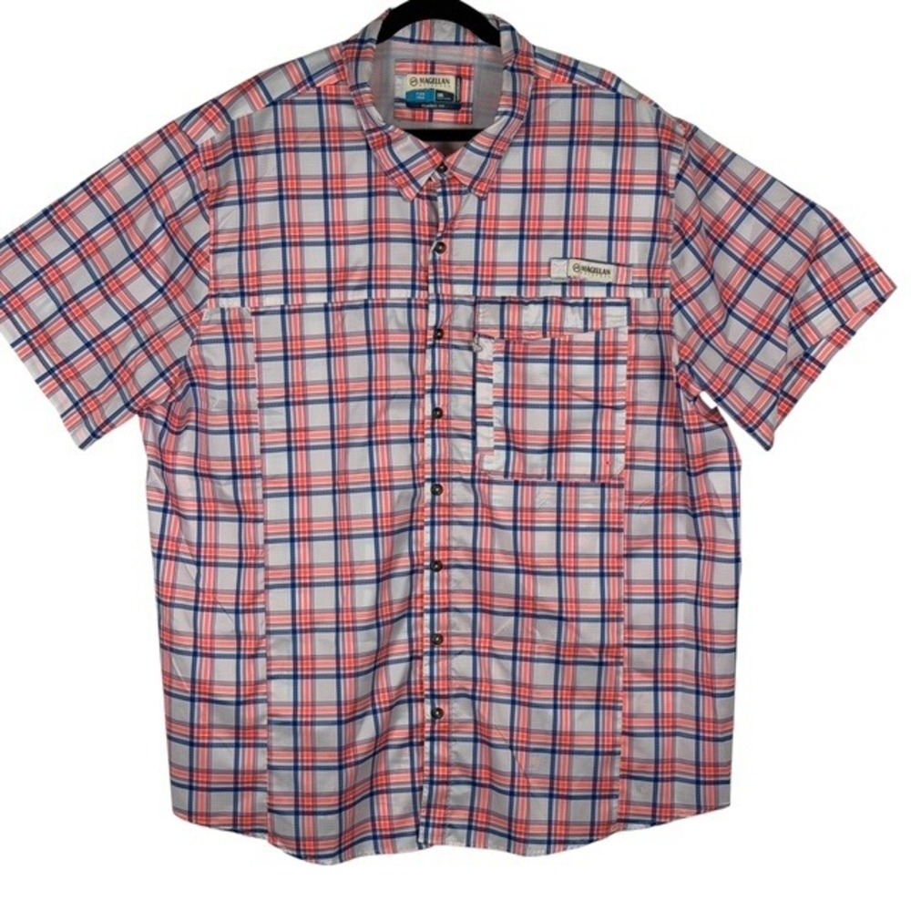 Magellan Outdoors Fish Gear Mens 3XL Plaid Button Up Shirt Orange Blue Vented